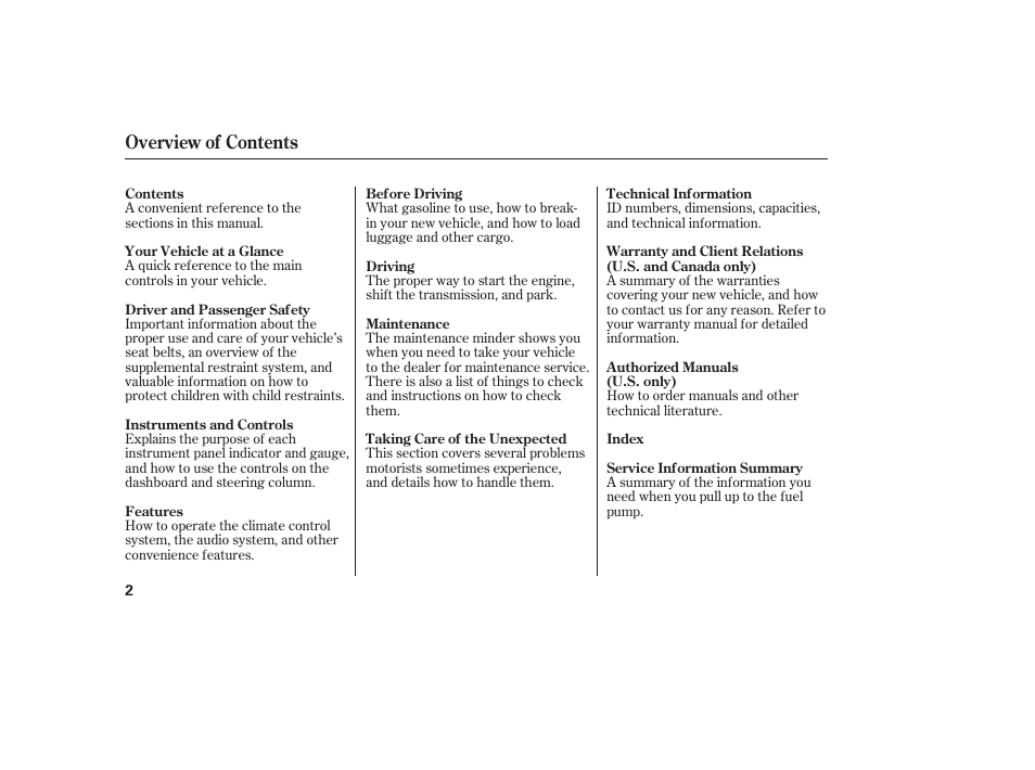 Overview of contents | Acura 2009 Accord Sedan User Manual | Page 8 / 650