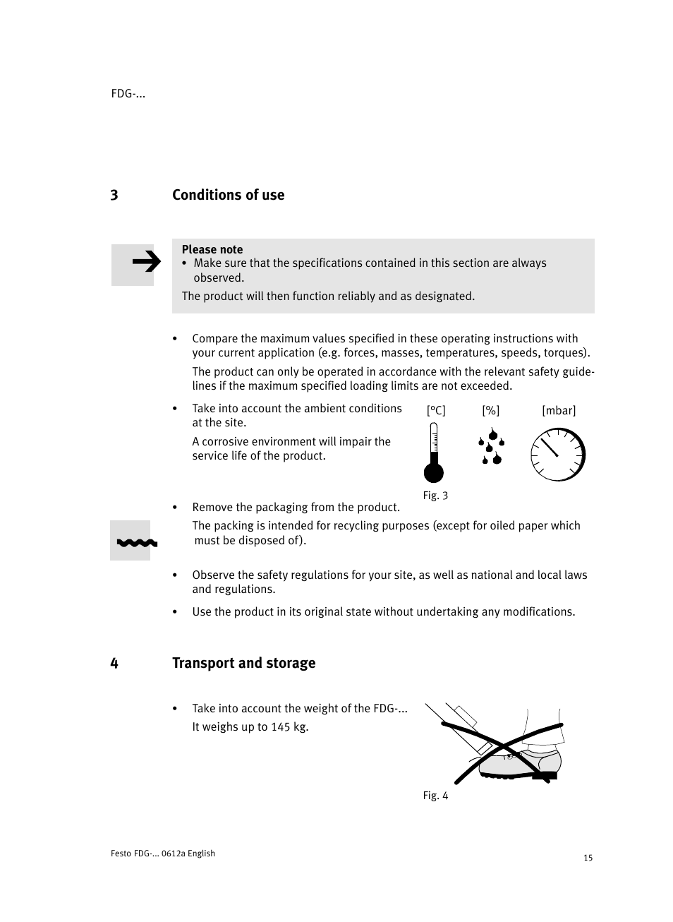 3 conditions of use, 4 transport and storage, 3conditions of use | 4transport and storage | Festo Направляющая FDG User Manual | Page 15 / 64