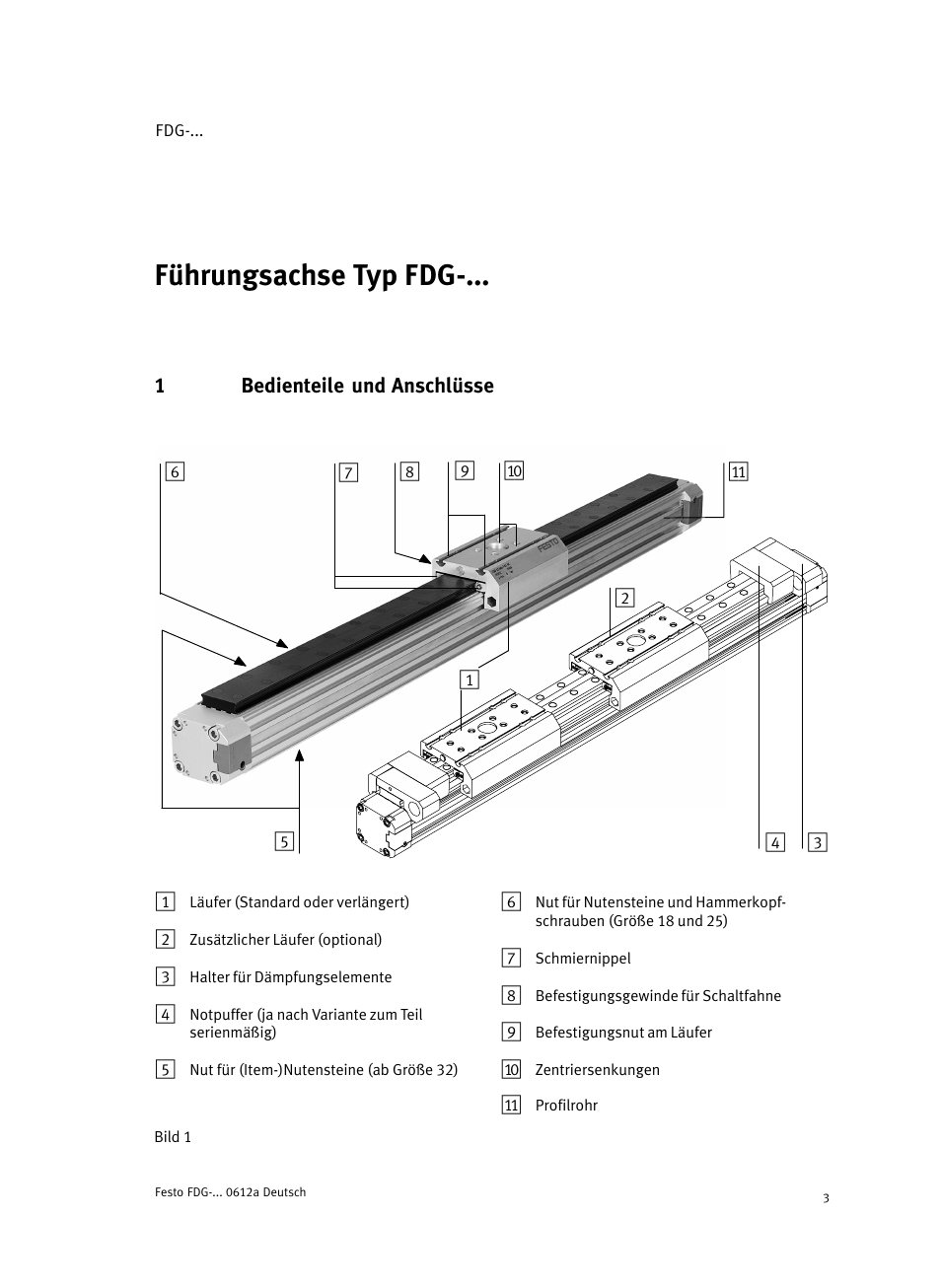 Deutschführungsachse typ fdg-... deutsch, 1 bedienteile und anschlüsse, Führungsachse typ fdg−... deutsch | Festo Направляющая FDG User Manual | Page 3 / 64