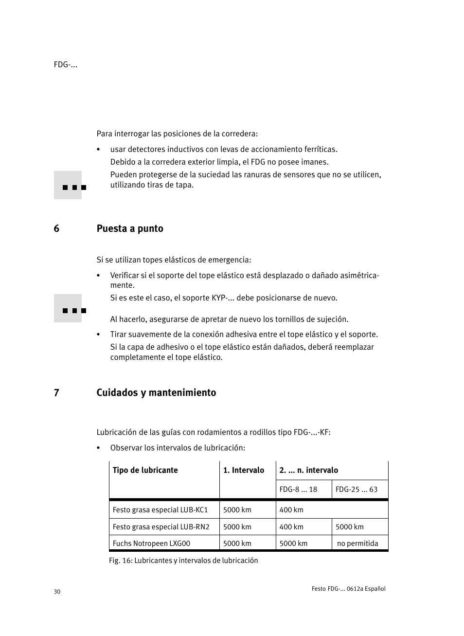 6 puesta a punto, 7 cuidados y mantenimiento, 6puesta a punto | 7cuidados y mantenimiento | Festo Направляющая FDG User Manual | Page 30 / 64