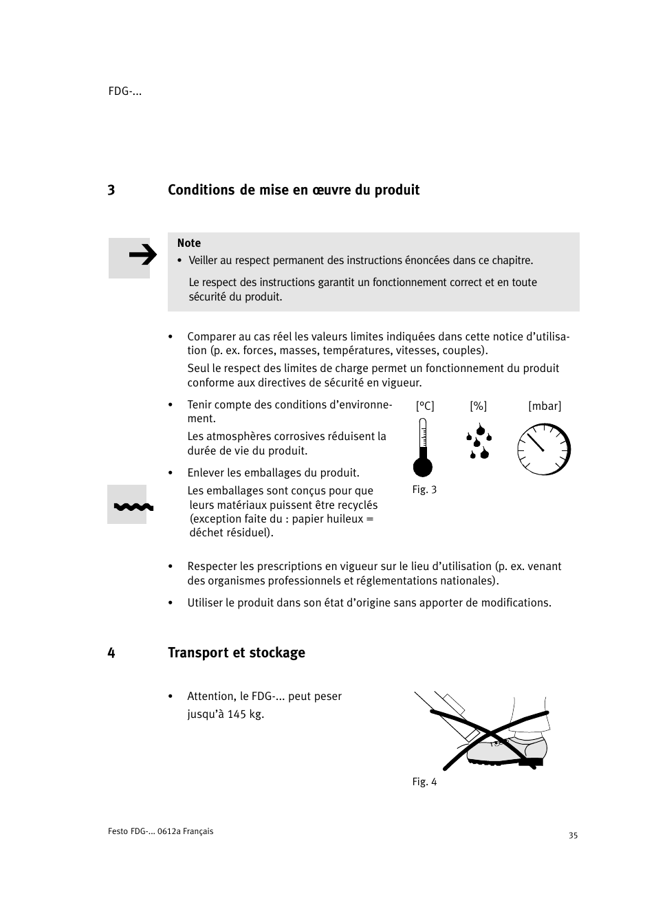 3 conditions de mise en ĺuvre du produit, 4 transport et stockage, 3conditions de mise en ĺuvre du produit | 4transport et stockage | Festo Направляющая FDG User Manual | Page 35 / 64