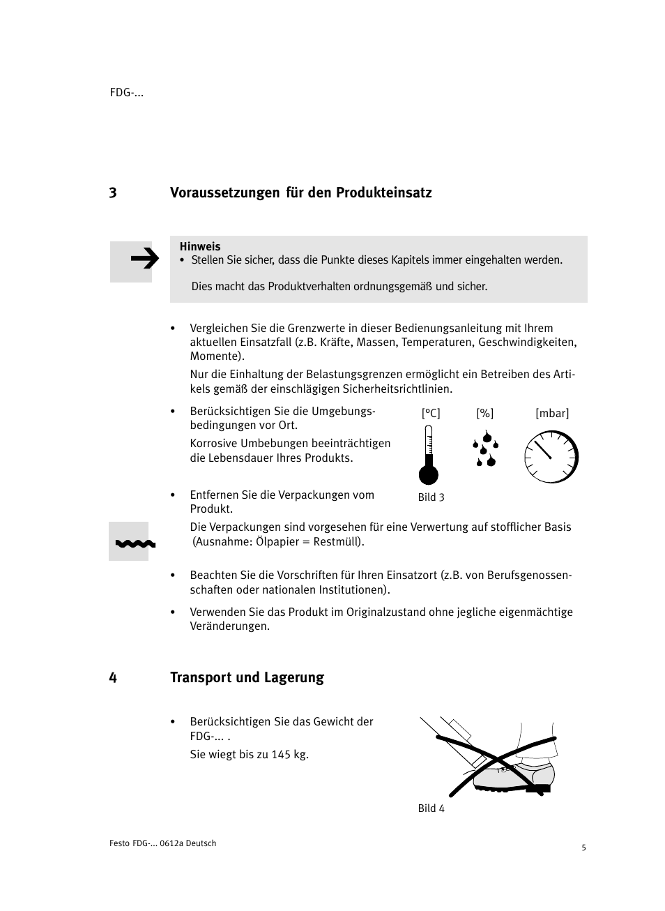 3 voraussetzungen für den produkteinsatz, 4 transport und lagerung, 3voraussetzungen für den produkteinsatz | 4transport und lagerung | Festo Направляющая FDG User Manual | Page 5 / 64