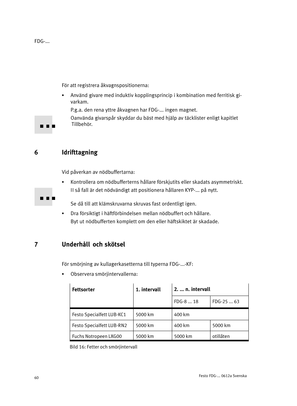 6 idrifttagning, 7 underhåll och skötsel, 6idrifttagning | 7underhåll och skötsel | Festo Направляющая FDG User Manual | Page 60 / 64