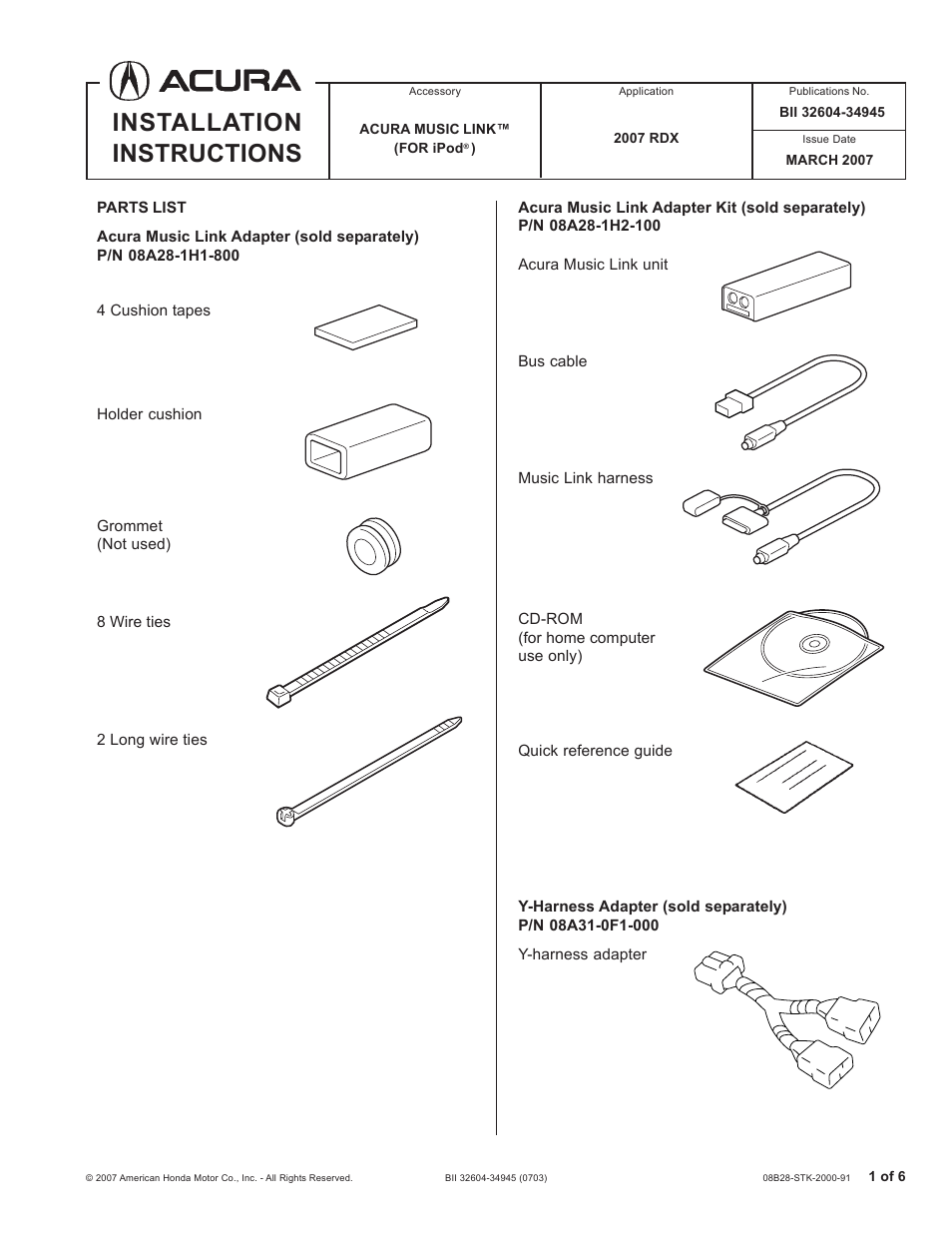 Acura Music Link BII32604-34945 RDX User Manual | 6 pages
