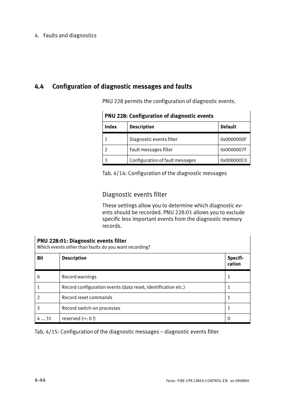 4 configuration of diagnostic messages and faults, Configuration of diagnostic messages and faults, Diagnostic events filter | Festo Контроллер позиционирования CPX-CMAX User Manual | Page 180 / 446