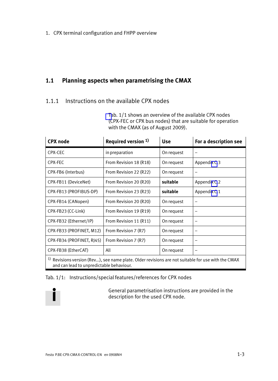 1 planning aspects when parametrising the cmax, 1 instructions on the available cpx nodes, Planning aspects when parametrising the cmax | Instructions on the available cpx nodes | Festo Контроллер позиционирования CPX-CMAX User Manual | Page 23 / 446