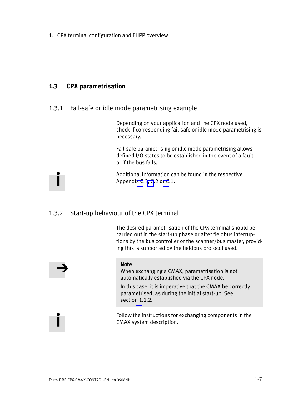 3 cpx parametrisation, 1 fail-safe or idle mode parametrising example, 2 start-up behaviour of the cpx terminal | Cpx parametrisation, Fail−safe or idle mode parametrising example, Start−up behaviour of the cpx terminal | Festo Контроллер позиционирования CPX-CMAX User Manual | Page 27 / 446