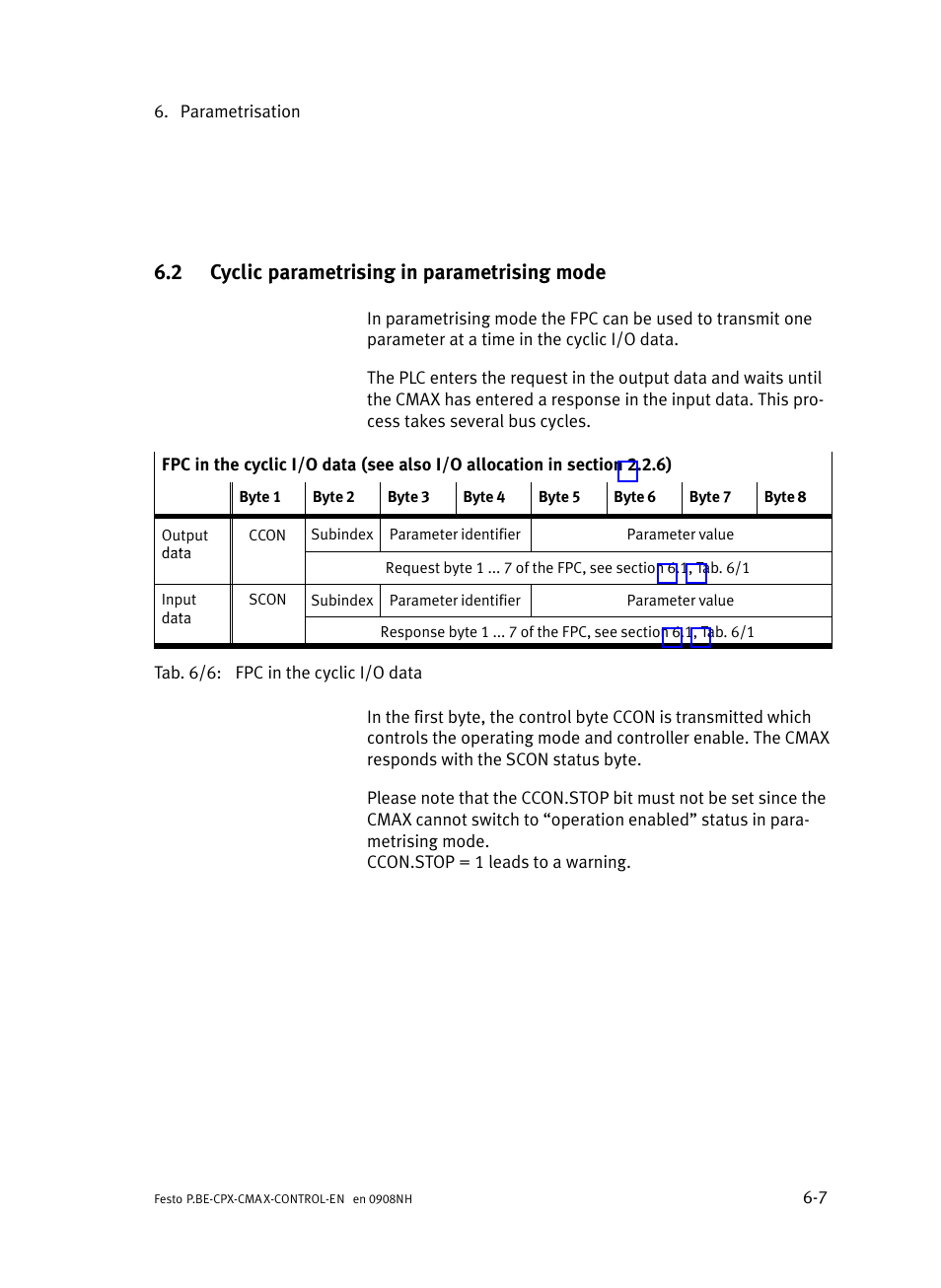 2 cyclic parametrising in parametrising mode, Cyclic parametrising in parametrising mode, And 6.2 | Section 6.2 | Festo Контроллер позиционирования CPX-CMAX User Manual | Page 297 / 446