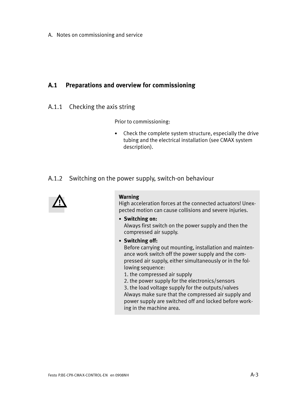 A.1 preparations and overview for commissioning, A.1.1 checking the axis string, Preparations and overview for commissioning | A.1.1, Checking the axis string, A.1.2, Switching on the power supply, switch−on behaviour | Festo Контроллер позиционирования CPX-CMAX User Manual | Page 311 / 446
