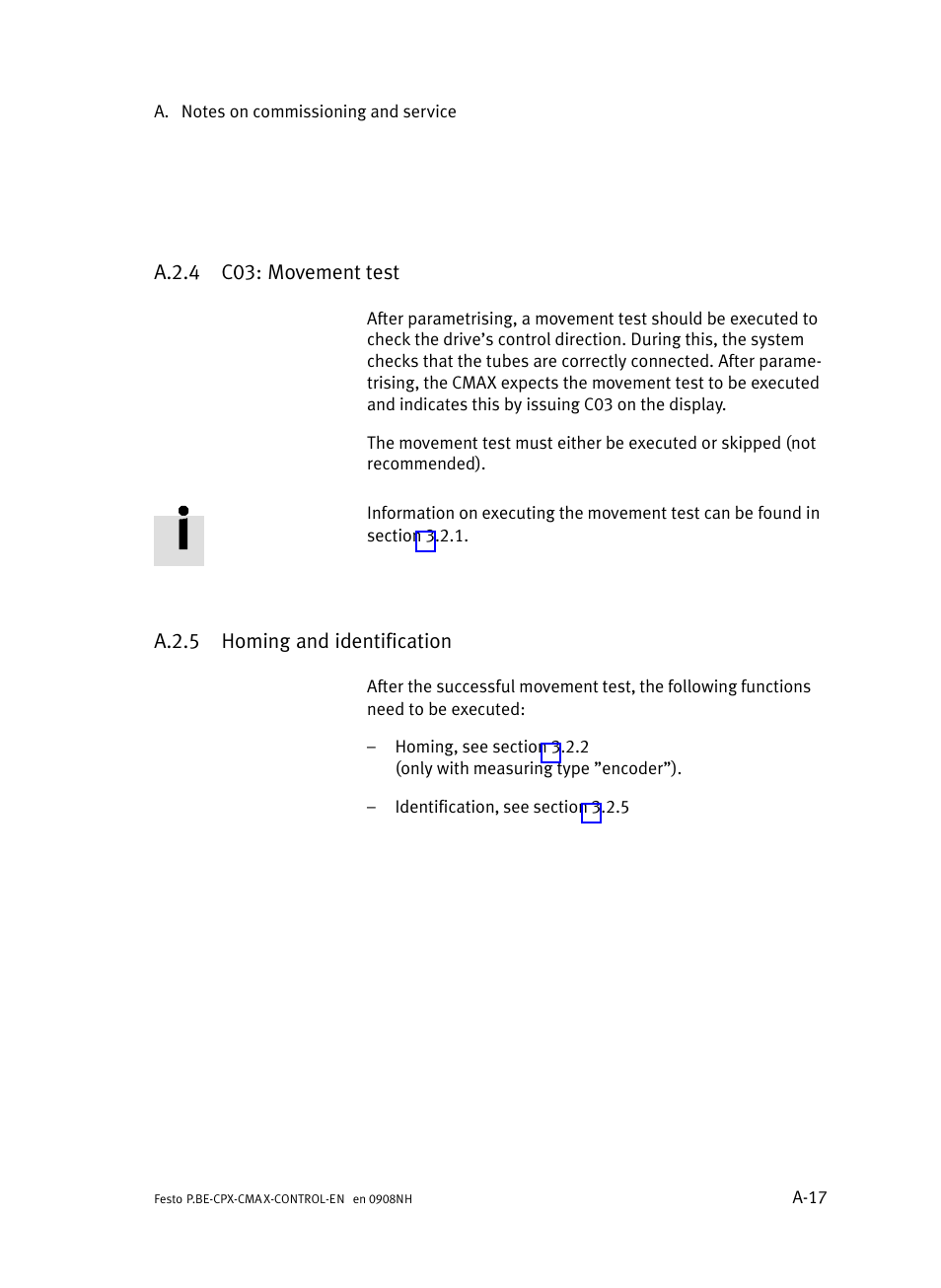 A.2.4 c03: movement test, A.2.5 homing and identification, A.2.4 | C03: movement test, A−17, A.2.5, Homing and identification | Festo Контроллер позиционирования CPX-CMAX User Manual | Page 325 / 446