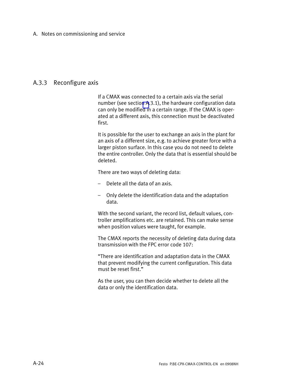A.3.3 reconfigure axis, A.3.3, Reconfigure axis | A−24 | Festo Контроллер позиционирования CPX-CMAX User Manual | Page 332 / 446