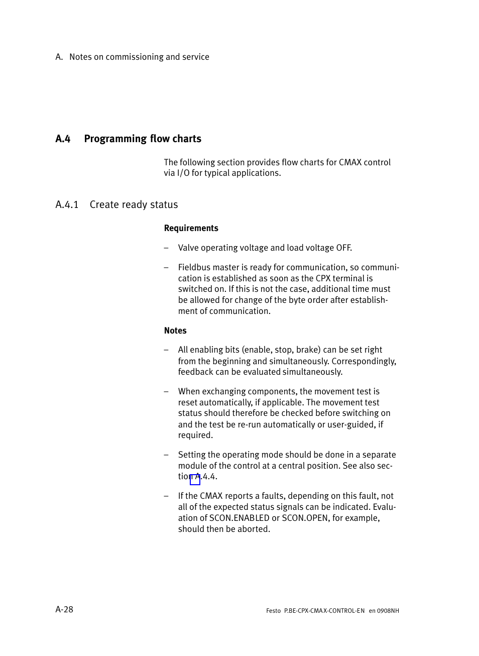 A.4 programming flow charts, A.4.1 create ready status, Programming flow charts | A−28, A.4.1, Create ready status | Festo Контроллер позиционирования CPX-CMAX User Manual | Page 336 / 446
