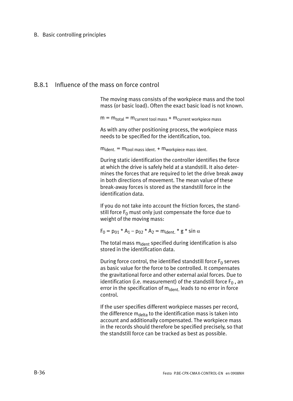 B.8.1 influence of the mass on force control, B.8.1, Influence of the mass on force control | B−36 | Festo Контроллер позиционирования CPX-CMAX User Manual | Page 378 / 446