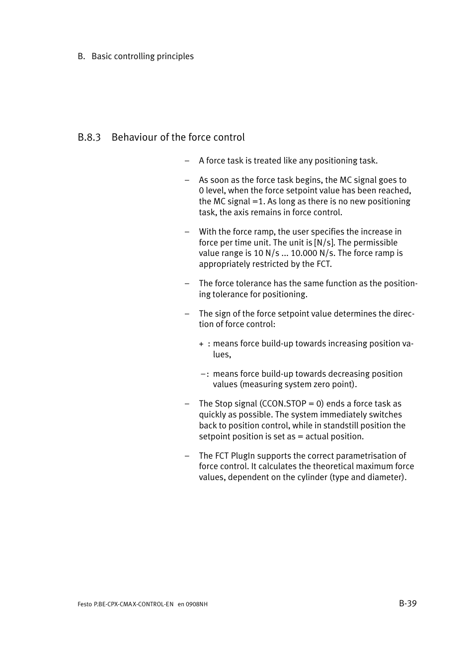 B.8.3 behaviour of the force control, B.8.3, Behaviour of the force control | B−39 | Festo Контроллер позиционирования CPX-CMAX User Manual | Page 381 / 446