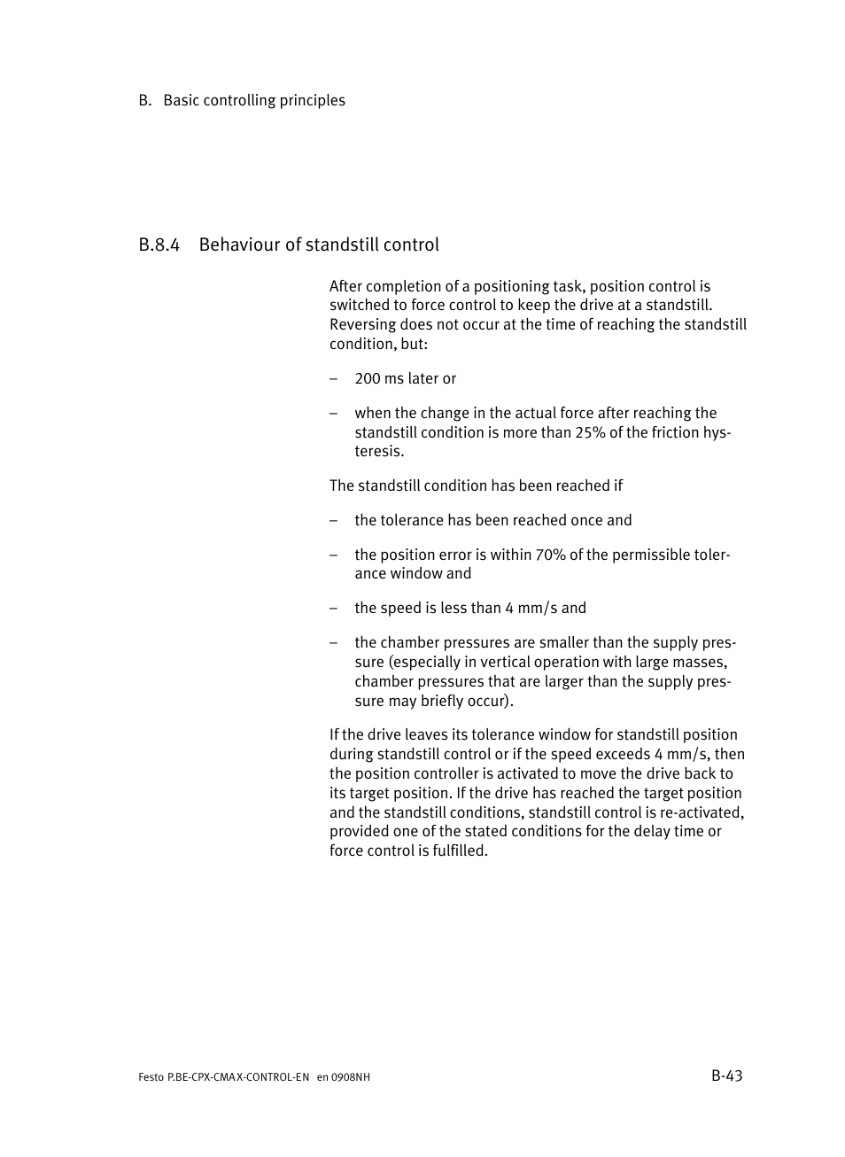 B.8.4 behaviour of standstill control, B.8.4, Behaviour of standstill control | B−43 | Festo Контроллер позиционирования CPX-CMAX User Manual | Page 385 / 446