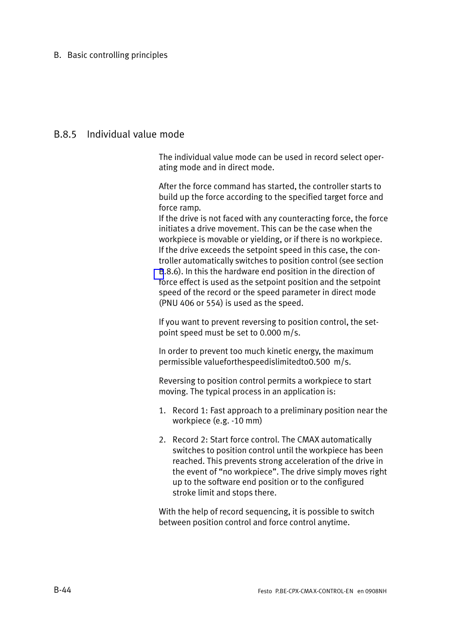 B.8.5 individual value mode, B.8.5, Individual value mode | B−44 | Festo Контроллер позиционирования CPX-CMAX User Manual | Page 386 / 446