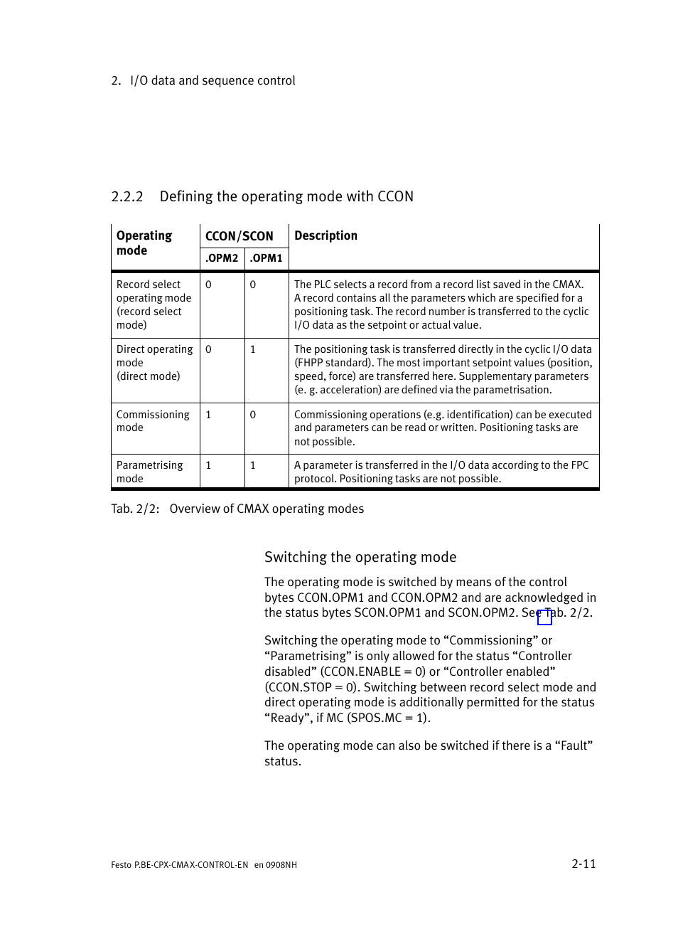 2 defining the operating mode with ccon, Defining the operating mode with ccon, And 2.2.2 | Switching the operating mode | Festo Контроллер позиционирования CPX-CMAX User Manual | Page 39 / 446