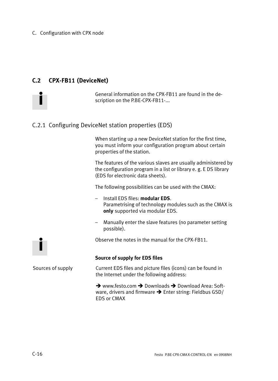 C.2 cpx-fb11 (devicenet), Cpx−fb11 (devicenet), C−16 | C.2.1, Configuring devicenet station properties (eds), Appendix c.2 | Festo Контроллер позиционирования CPX-CMAX User Manual | Page 414 / 446