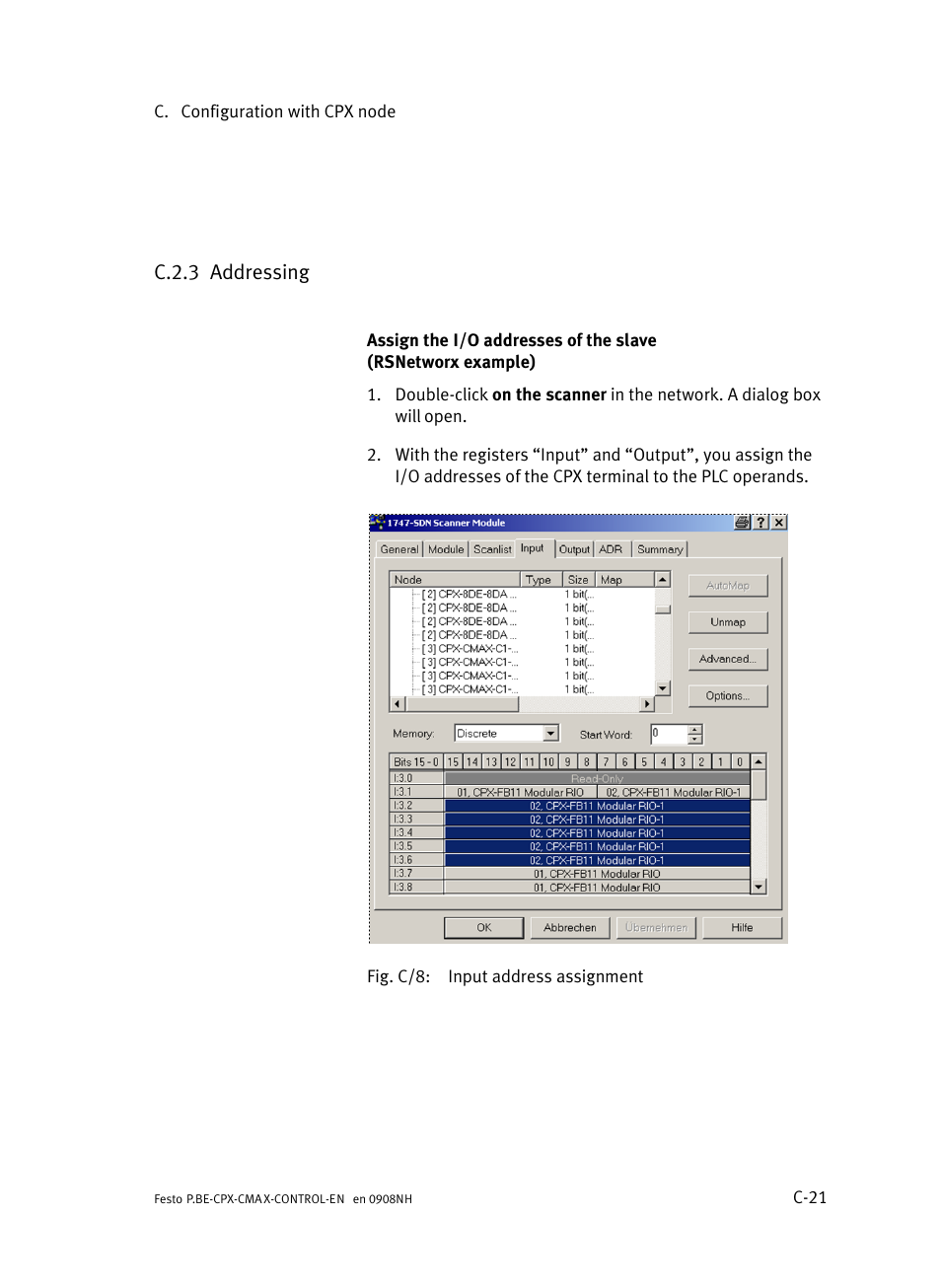 C.2.3 addressing, C.2.3, Addressing | C−21 | Festo Контроллер позиционирования CPX-CMAX User Manual | Page 419 / 446