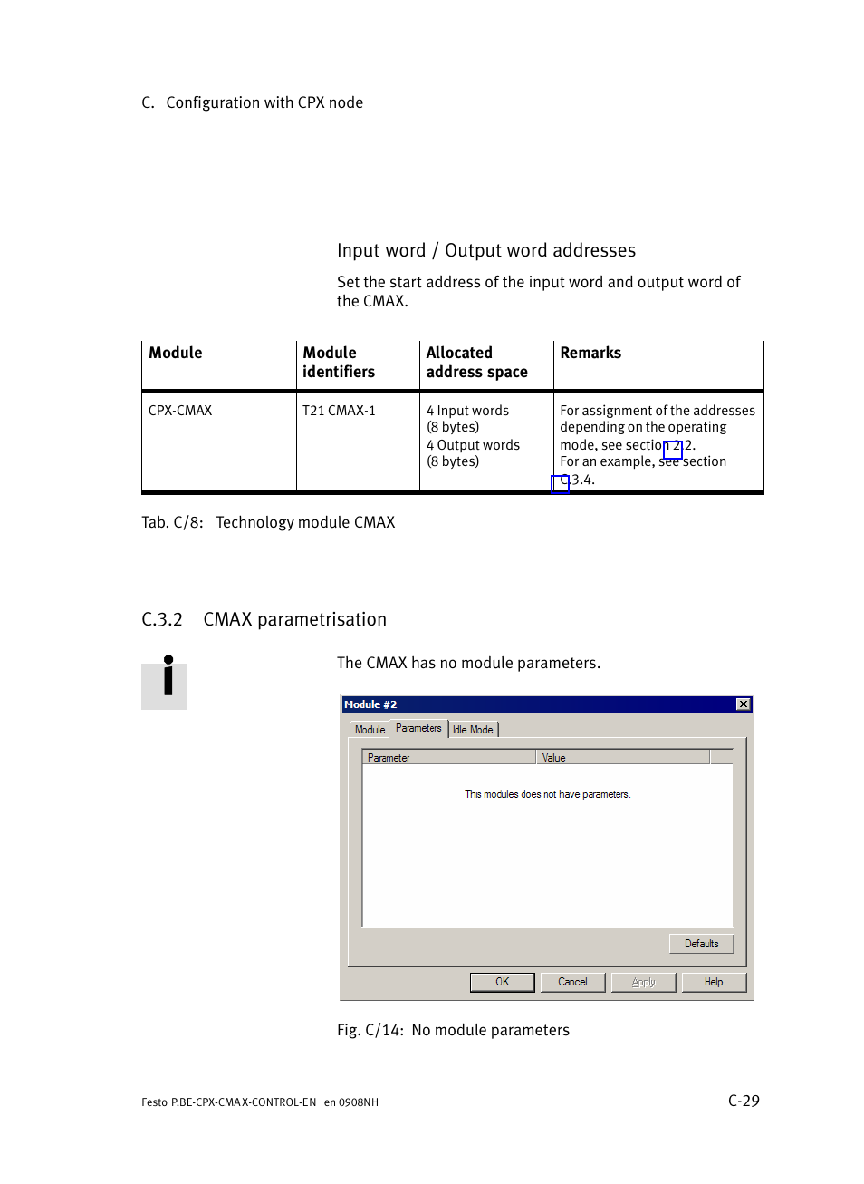 C.3.2 cmax parametrisation, C.3.2, Cmax parametrisation | C−29 | Festo Контроллер позиционирования CPX-CMAX User Manual | Page 427 / 446