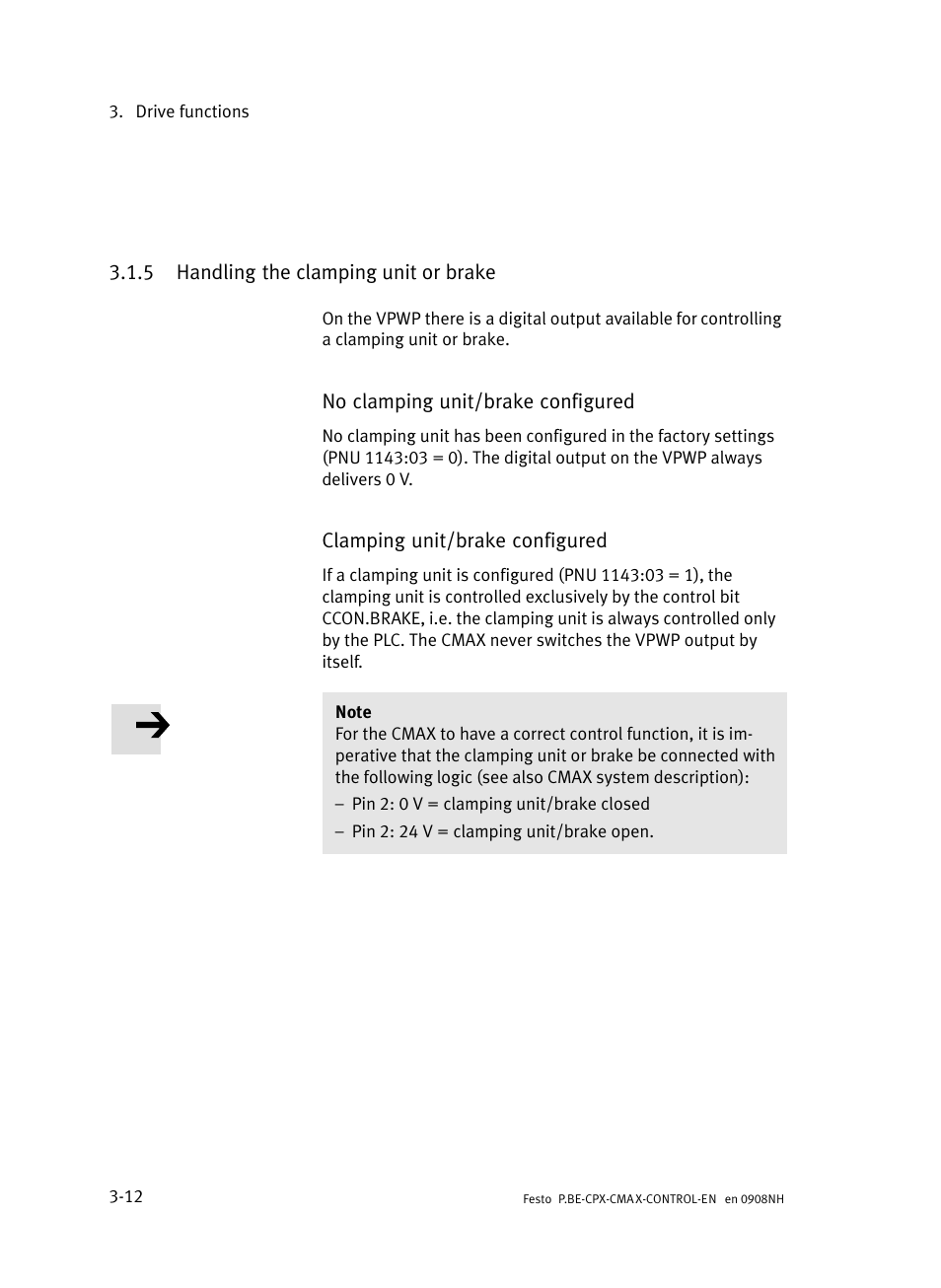 5 handling the clamping unit or brake, Handling the clamping unit or brake | Festo Контроллер позиционирования CPX-CMAX User Manual | Page 74 / 446