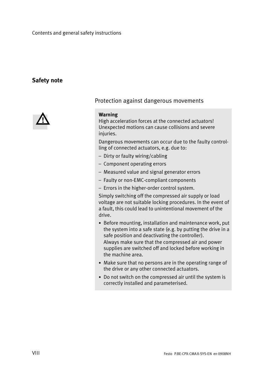 Safety note, Viii | Festo Контроллер позиционирования CPX-CMAX User Manual | Page 10 / 176