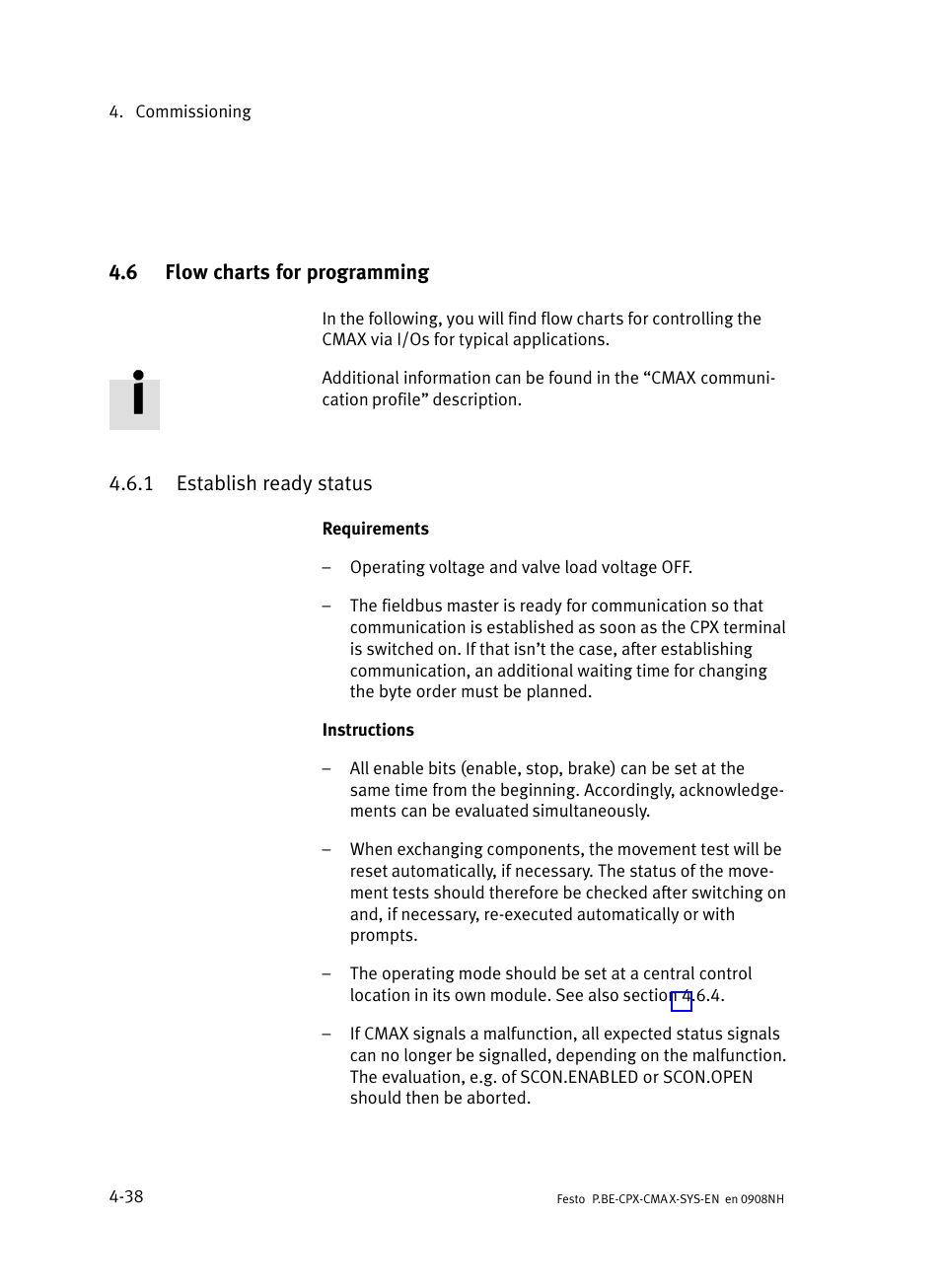 6 flow charts for programming, 1 establish ready status, Flow charts for programming | Establish ready status | Festo Контроллер позиционирования CPX-CMAX User Manual | Page 116 / 176