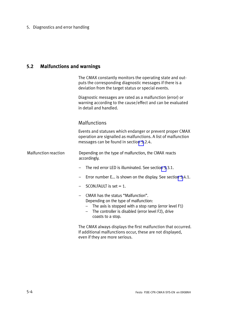 2 malfunctions and warnings, Malfunctions and warnings | Festo Контроллер позиционирования CPX-CMAX User Manual | Page 126 / 176