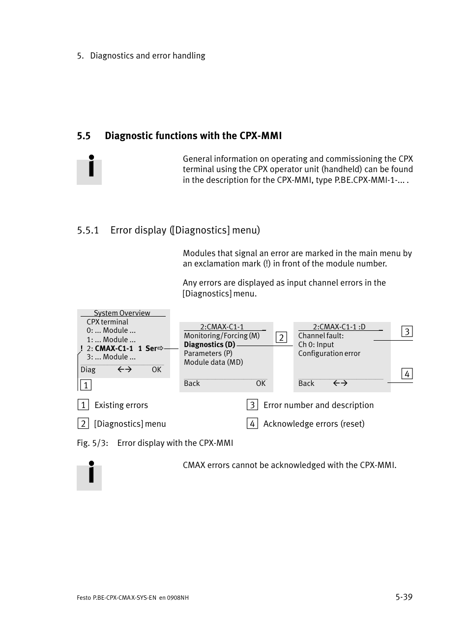 5 diagnostic functions with the cpx-mmi, 1 error display ([diagnostics] menu), Diagnostic functions with the cpx−mmi | Error display ([diagnostics] menu), 5 diagnostic functions with the cpx−mmi | Festo Контроллер позиционирования CPX-CMAX User Manual | Page 161 / 176