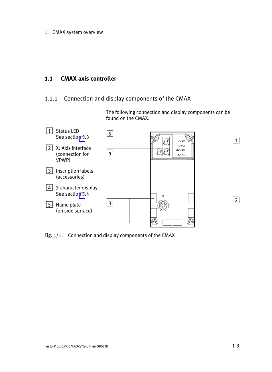 1 cmax axis controller, 1 connection and display components of the cmax, Cmax axis controller | Connection and display components of the cmax | Festo Контроллер позиционирования CPX-CMAX User Manual | Page 25 / 176