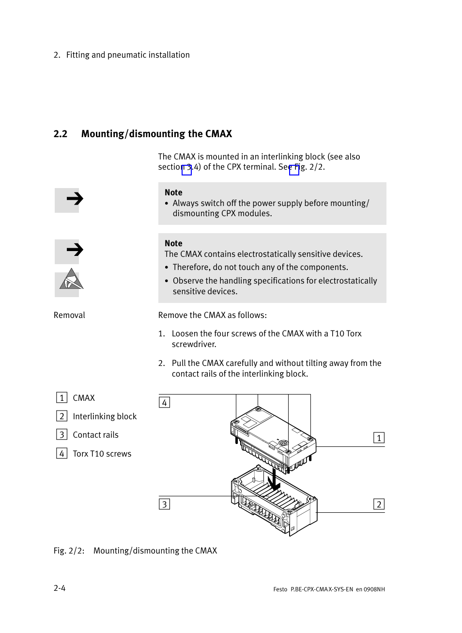 2 mounting/dismounting the cmax, Mounting/dismounting the cmax, Section 2.2 | Festo Контроллер позиционирования CPX-CMAX User Manual | Page 34 / 176