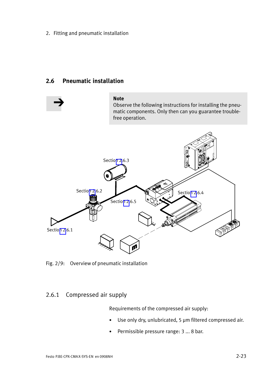 6 pneumatic installation, 1 compressed air supply, Pneumatic installation | Compressed air supply, Section 2.6.1 | Festo Контроллер позиционирования CPX-CMAX User Manual | Page 53 / 176