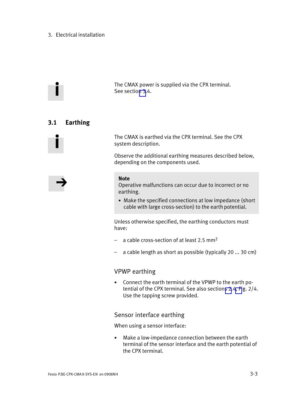 1 earthing, Earthing | Festo Контроллер позиционирования CPX-CMAX User Manual | Page 63 / 176