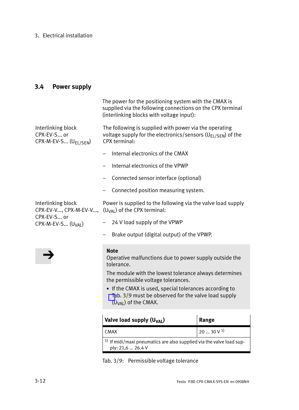 4 power supply, Power supply | Festo Контроллер позиционирования CPX-CMAX User Manual | Page 72 / 176