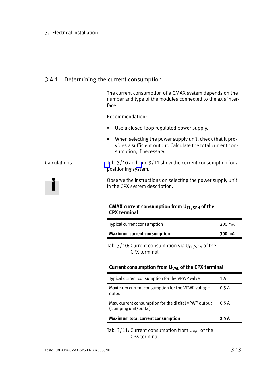 1 determining the current consumption, Determining the current consumption | Festo Контроллер позиционирования CPX-CMAX User Manual | Page 73 / 176