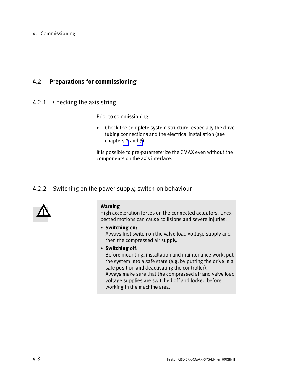 2 preparations for commissioning, 1 checking the axis string, Preparations for commissioning | Checking the axis string, Switching on the power supply, switch−on behaviour | Festo Контроллер позиционирования CPX-CMAX User Manual | Page 86 / 176