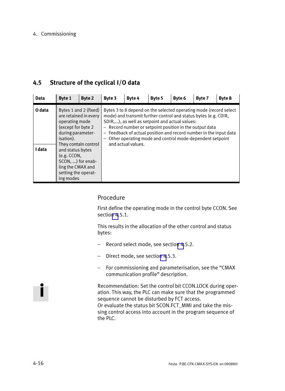 5 structure of the cyclical i/o data, Structure of the cyclical i/o data, Section 4.5) | Procedure | Festo Контроллер позиционирования CPX-CMAX User Manual | Page 94 / 176