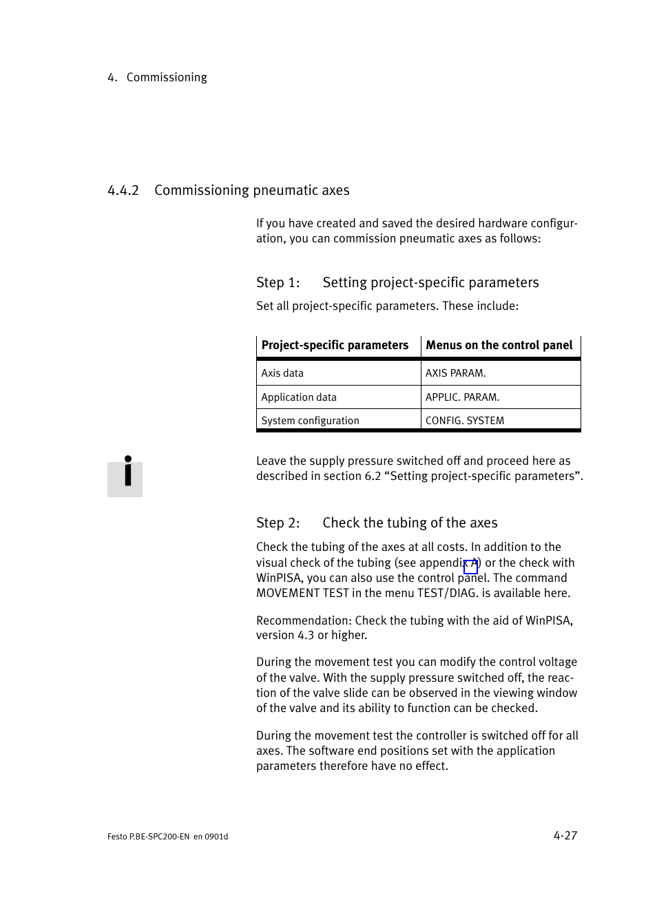 2 commissioning pneumatic axes, Commissioning pneumatic axes, Section 4.4.2) | Section 4.4.2, Seeăsection 4.4.2 | Festo Кабели и принадлежности User Manual | Page 171 / 506