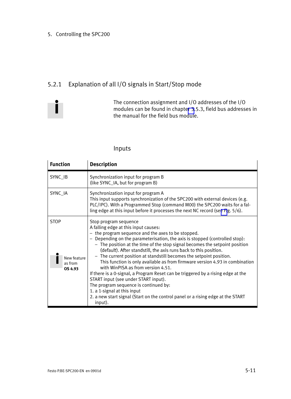 Explanation of all i/o signals in start/stop mode, Inputs | Festo Кабели и принадлежности User Manual | Page 197 / 506