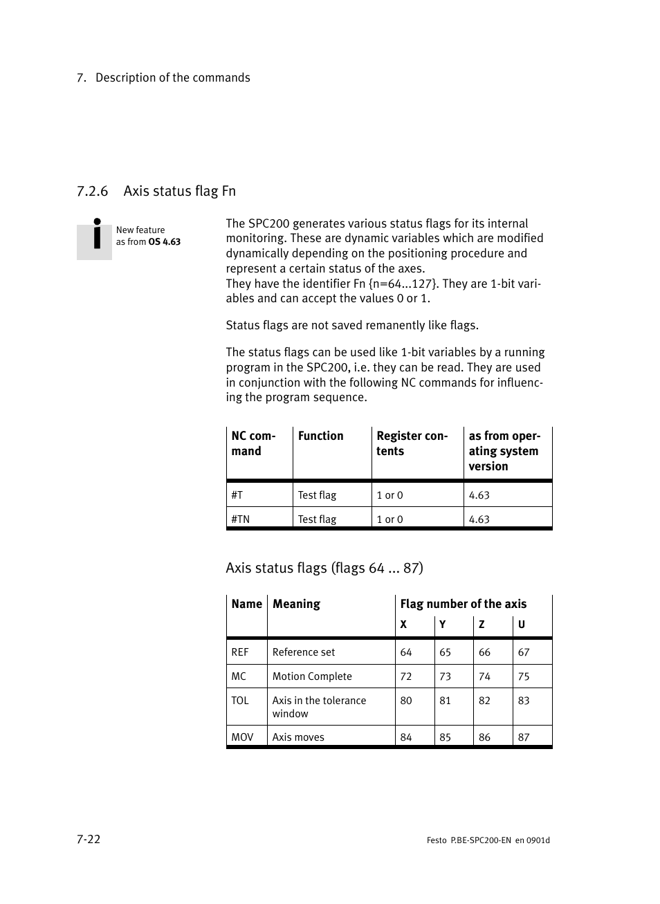 6 axis status flag fn, Axis status flag fn, Axis status flags (flags 64 ) | Festo Кабели и принадлежности User Manual | Page 288 / 506