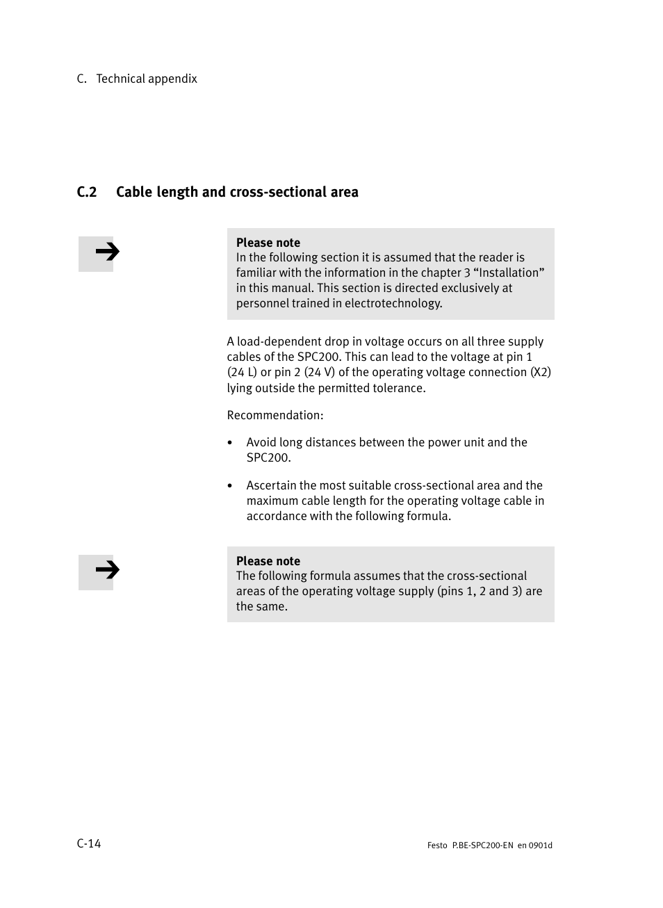 C.2 cable length and cross-sectional area, Cable length and cross−sectional area, C−14 | Festo Кабели и принадлежности User Manual | Page 460 / 506