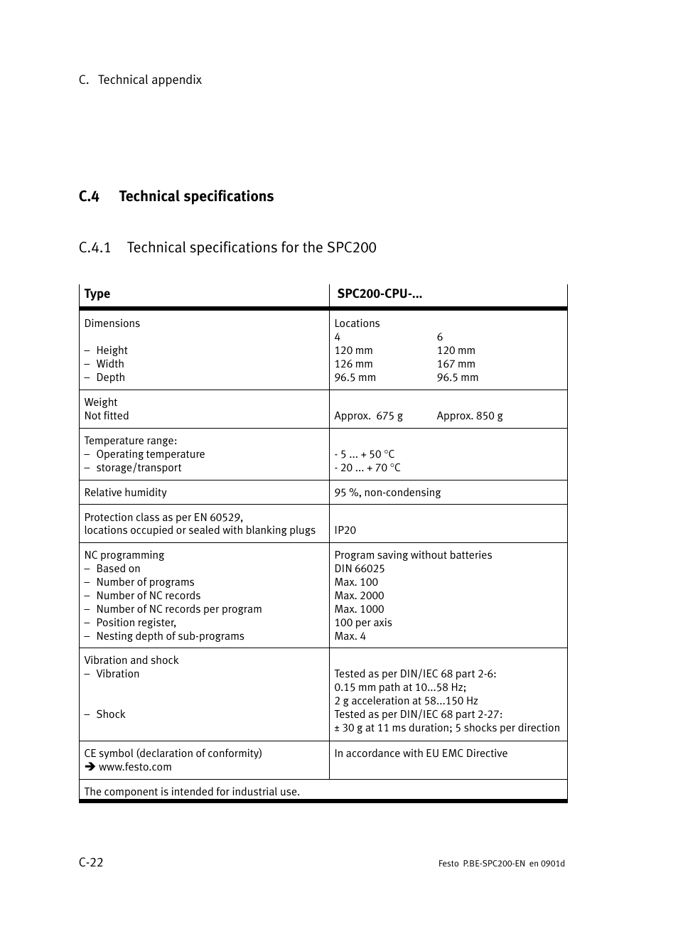 C.4 technical specifications, C.4.1 technical specifications for the spc200, Technical specifications | C−22, C.4.1, Technical specifications for the spc200 | Festo Кабели и принадлежности User Manual | Page 468 / 506