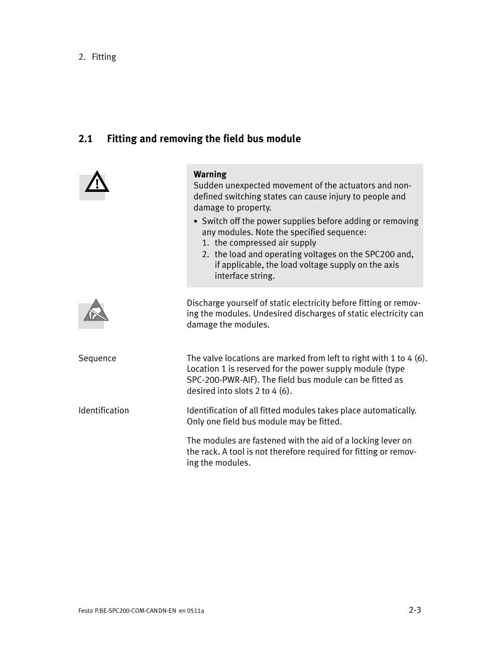 1 fitting and removing the field bus module, Fitting and removing the field bus module | Festo Кабели и принадлежности User Manual | Page 25 / 126