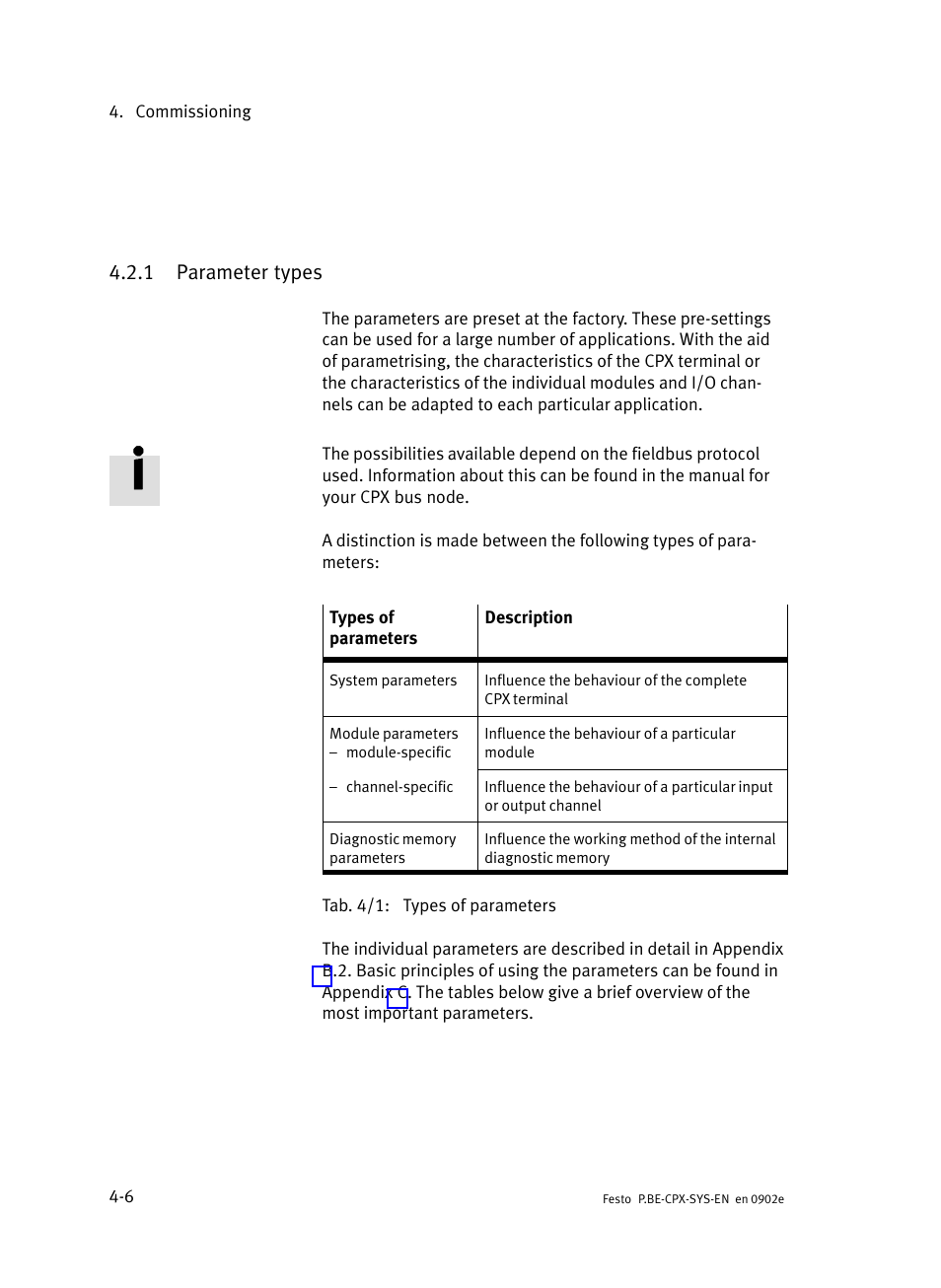 1 parameter types, Parameter types | Festo Контроллер позиционирования CPX-CMPX User Manual | Page 110 / 234