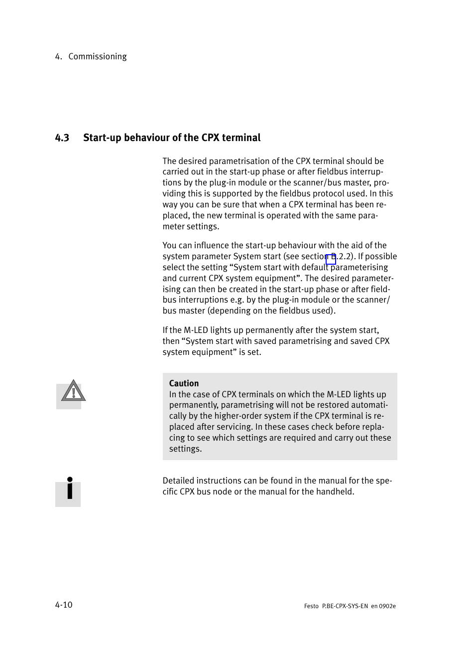 3 start-up behaviour of the cpx terminal, Start−up behaviour of the cpx terminal | Festo Контроллер позиционирования CPX-CMPX User Manual | Page 114 / 234