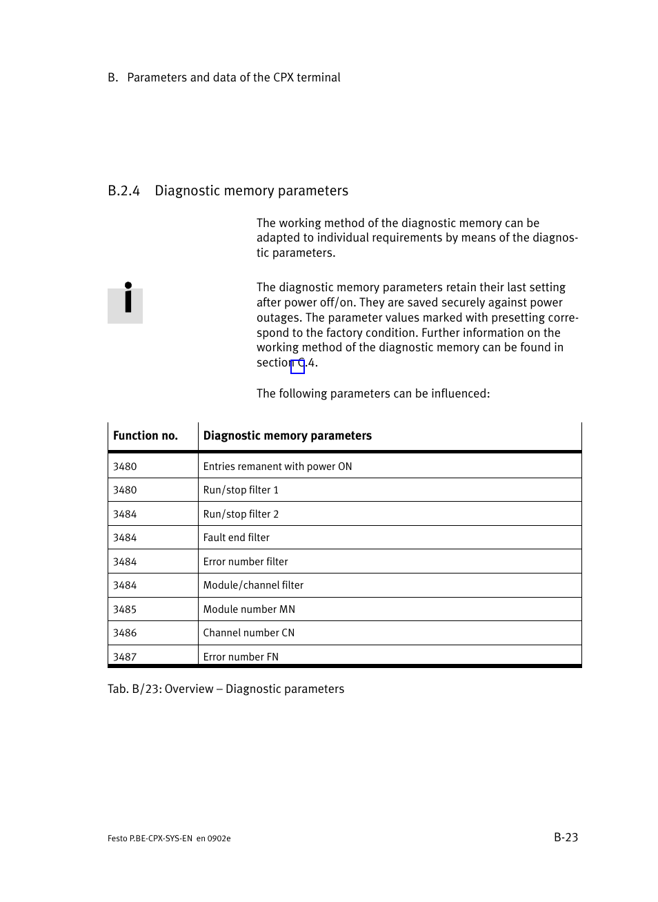 B.2.4 diagnostic memory parameters, B.2.4, Diagnostic memory parameters | B−23 | Festo Контроллер позиционирования CPX-CMPX User Manual | Page 177 / 234