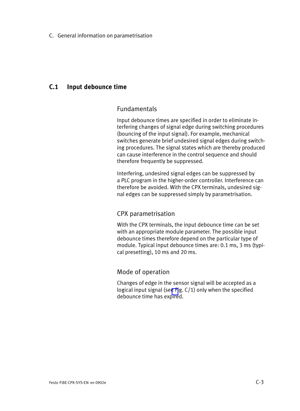 C.1 input debounce time, Input debounce time | Festo Контроллер позиционирования CPX-CMPX User Manual | Page 201 / 234