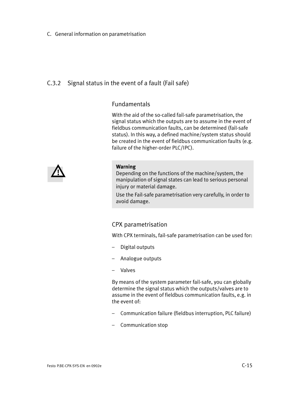 C.3.2, Signal status in the event of a fault (fail safe), C−15 | Festo Контроллер позиционирования CPX-CMPX User Manual | Page 213 / 234