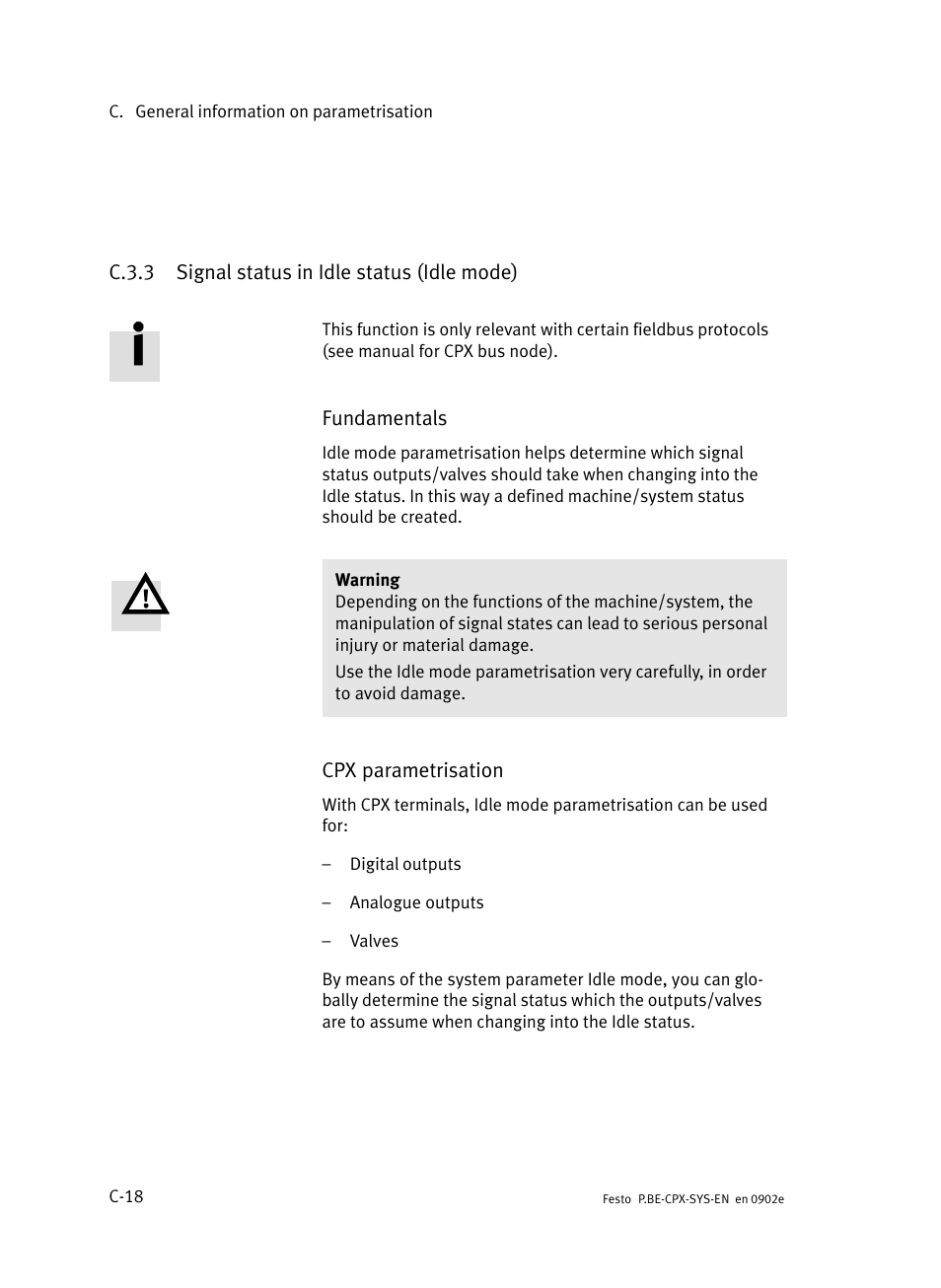 C.3.3 signal status in idle status (idle mode), C.3.3, Signal status in idle status (idle mode) | C−18 | Festo Контроллер позиционирования CPX-CMPX User Manual | Page 216 / 234