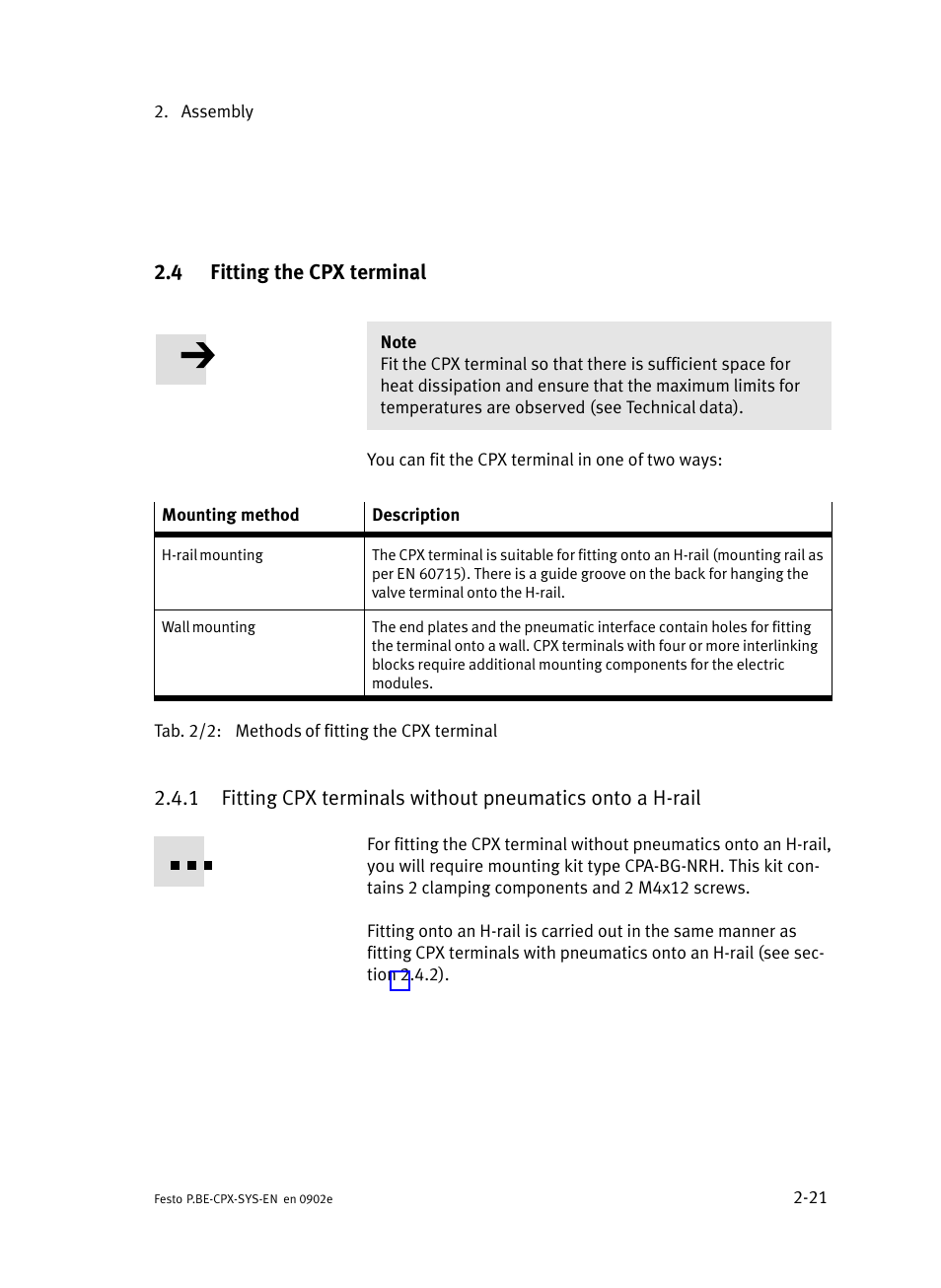 4 fitting the cpx terminal, Fitting the cpx terminal | Festo Контроллер позиционирования CPX-CMPX User Manual | Page 65 / 234